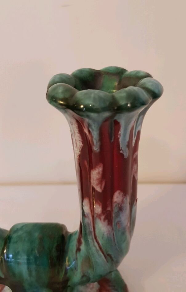 Candlestick two branches of longwy 60's ceramic