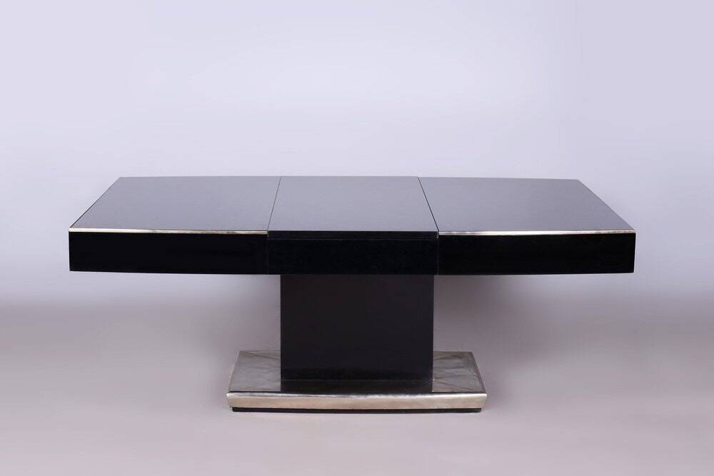 Large Art Deco Chrome and Black Glass Extendable Dining Table, 1930s