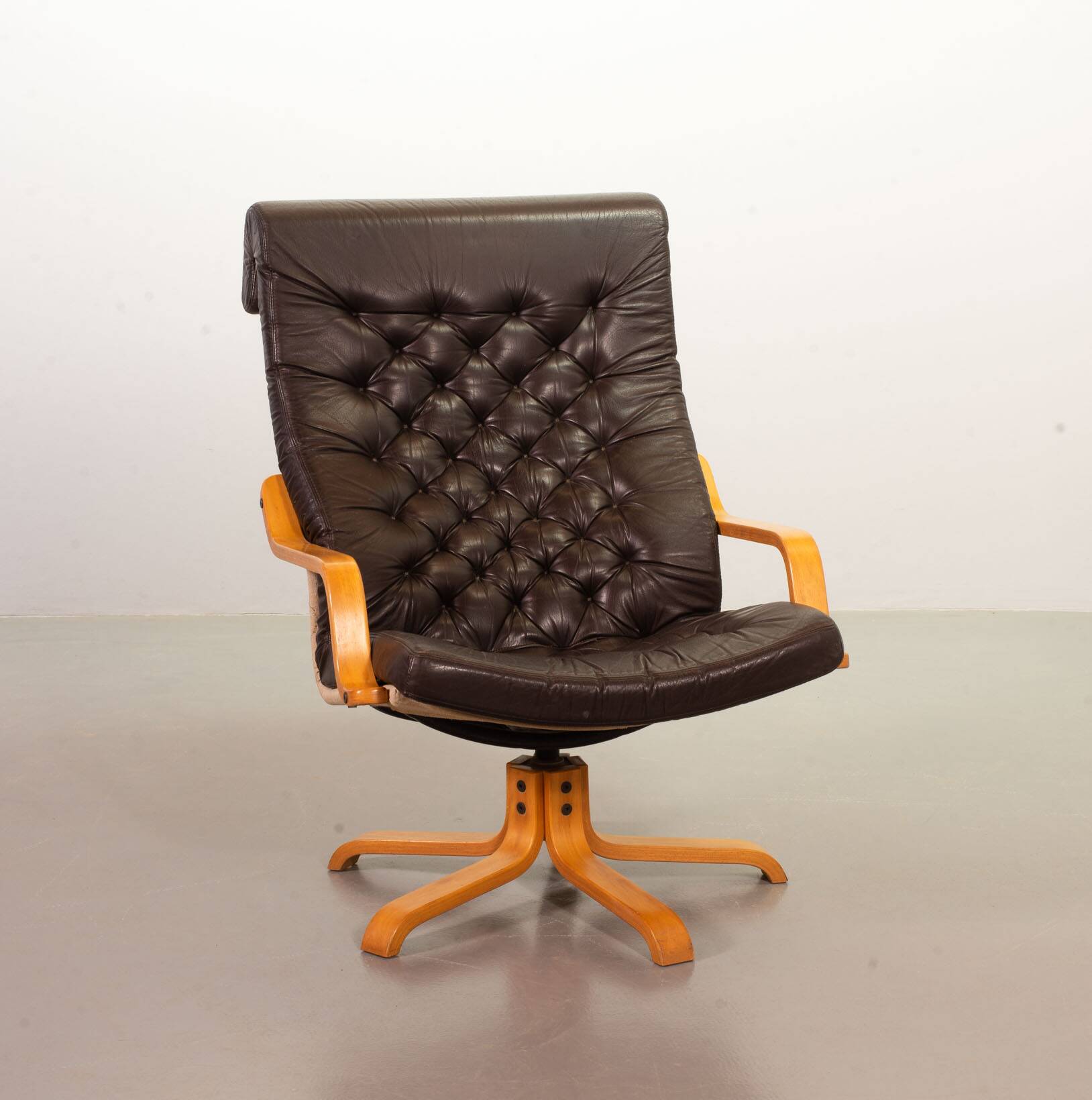 Noboru Nakamura Design Chocolate Brown Padded Leatherette Swivel Chairs 70s