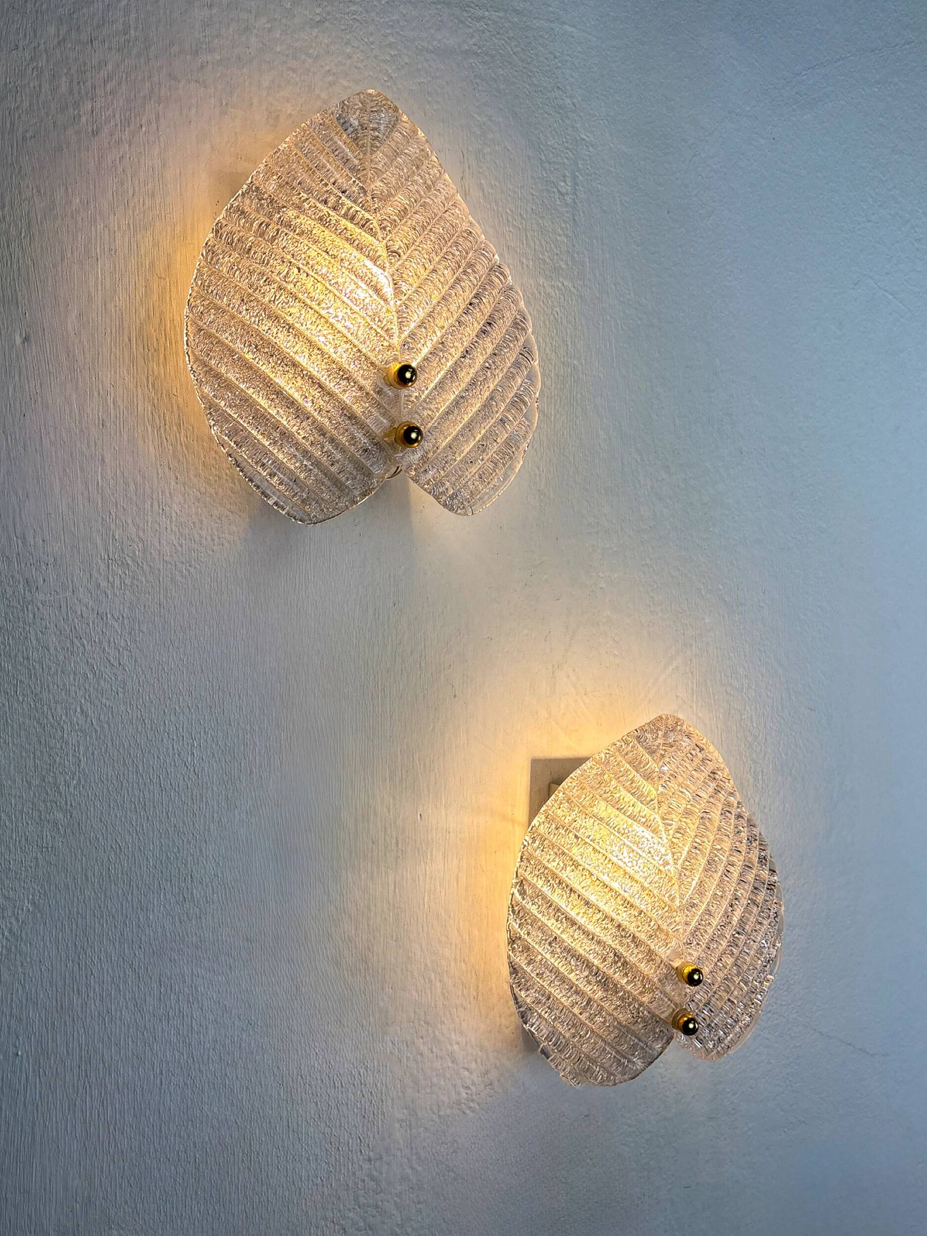 Pair of Murano frosted leaf sconces, textured glass & gilt details, Italy, 1970