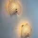 Pair of Murano frosted leaf sconces, textured glass & gilt details, Italy, 1970