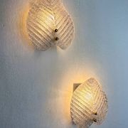 Pair of Murano frosted leaf sconces, textured glass & gilt details, Italy, 1970