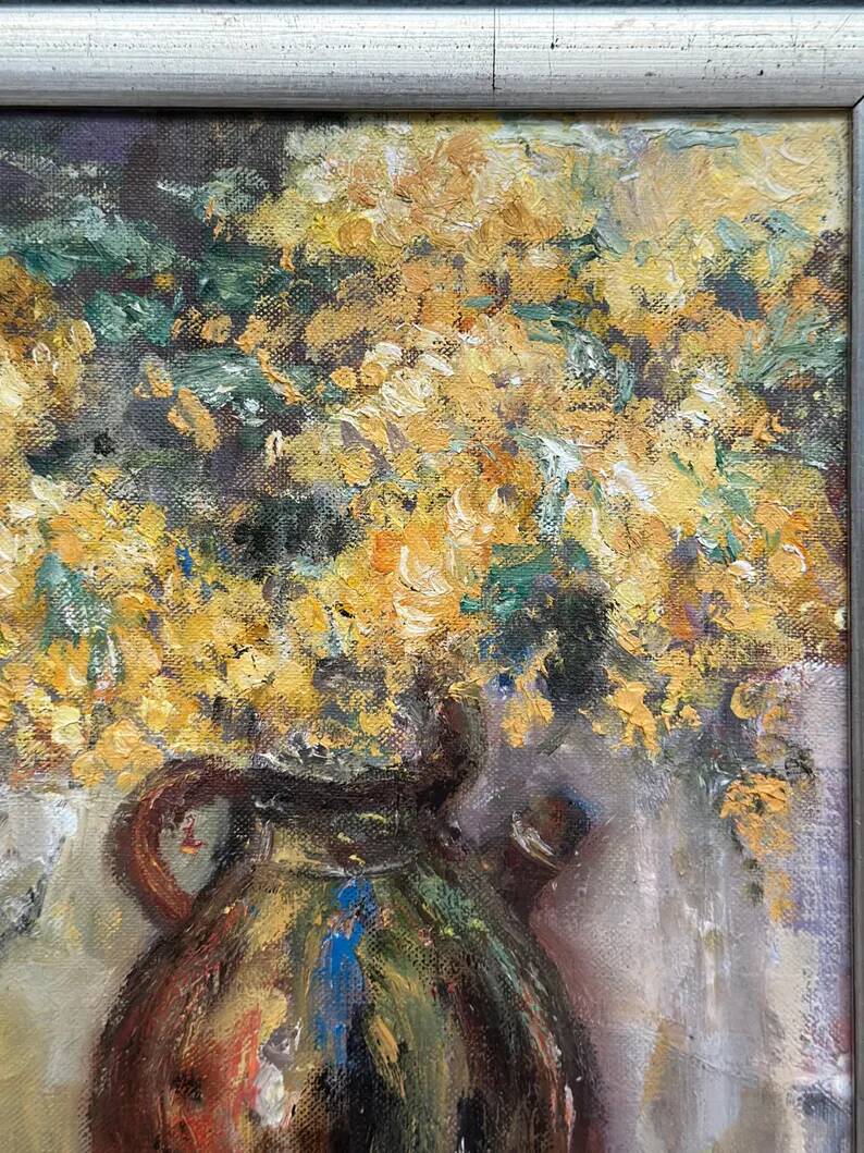 Original Swedish Oil on Canvas – “Vessel with Mimosa” by Monica Gilhorn – Signed – Vintage & Framed – 40 × 31.5 cm (15.7" × 12.4")
