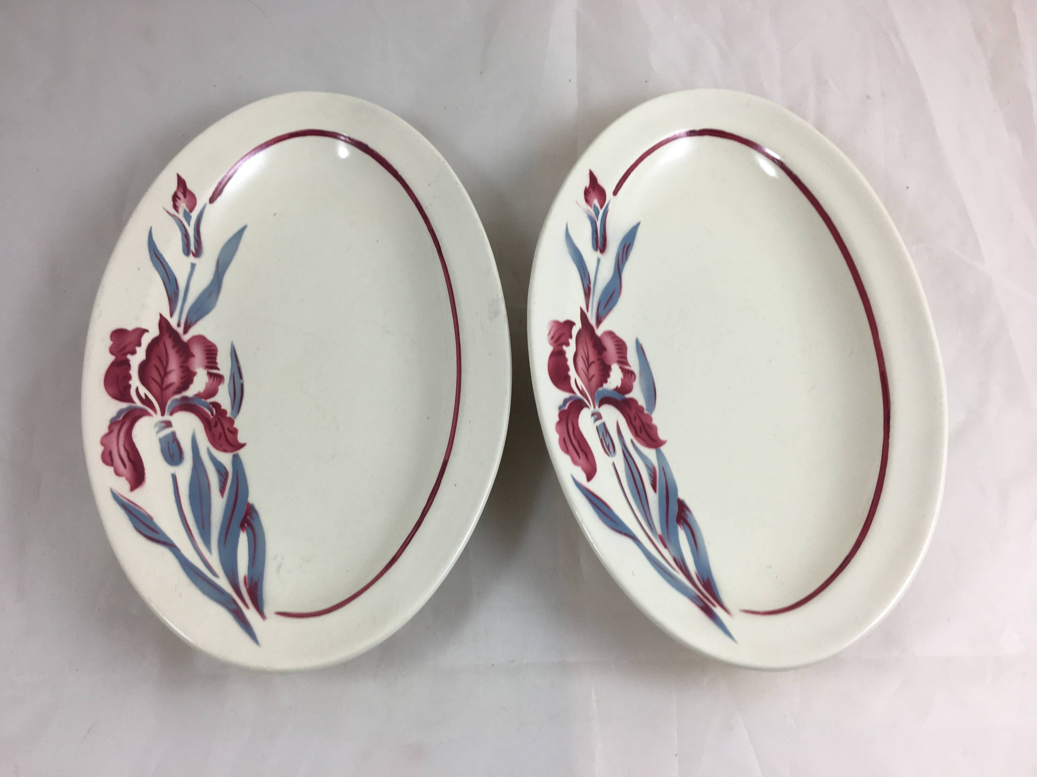 Ramekin x 2 Oval dish Old Model Iris Fleurs French manufacture signed Sarreguemines