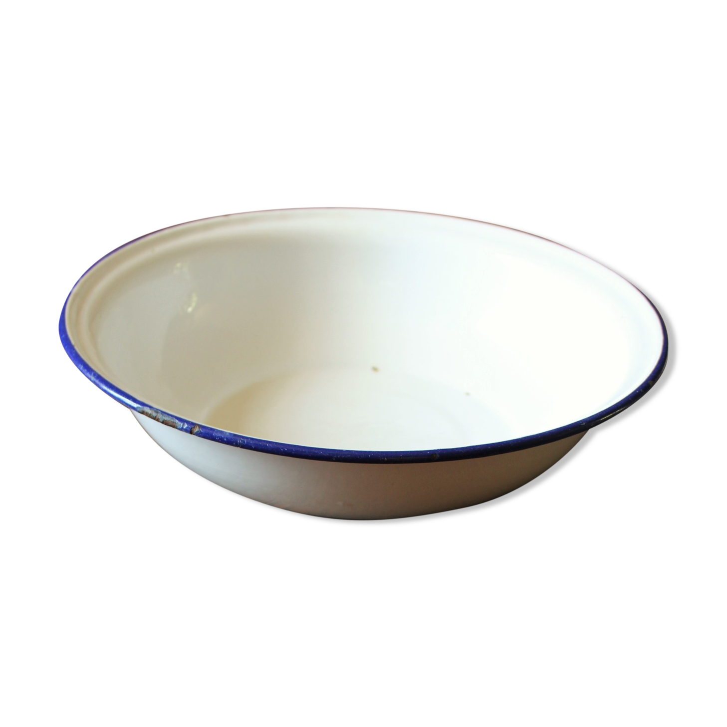 Bassine ronde tôle émaillée blanc bleu vintage
