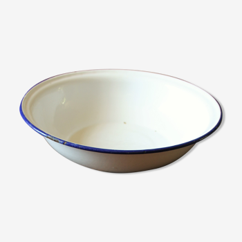 Bassine ronde tôle émaillée blanc bleu vintage