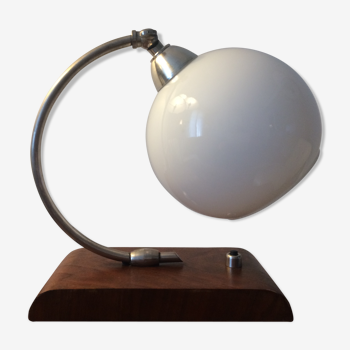 Lampe articulée art déco, bois et opaline