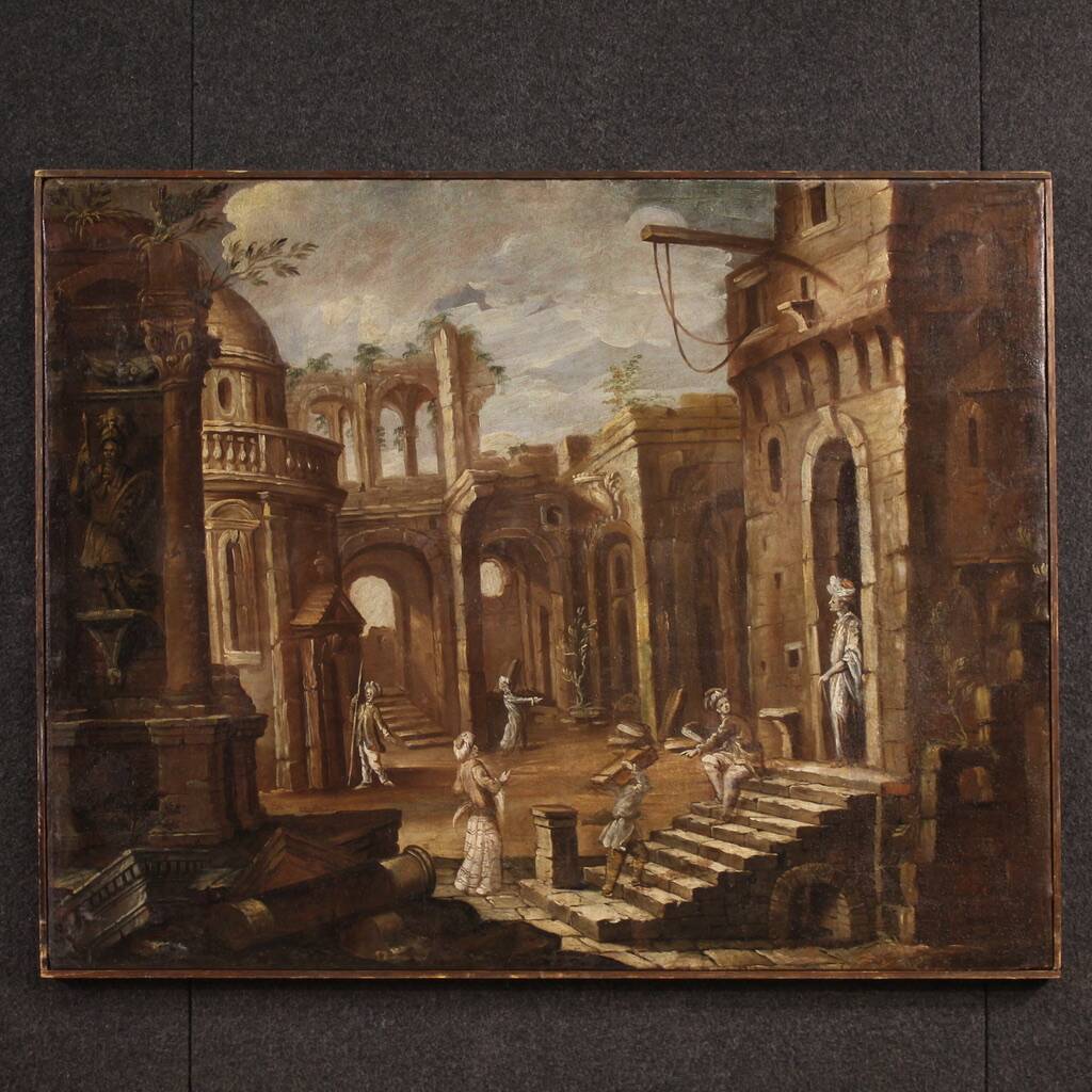 Antique Italian painting from the 18th century, Architectural Capriccio