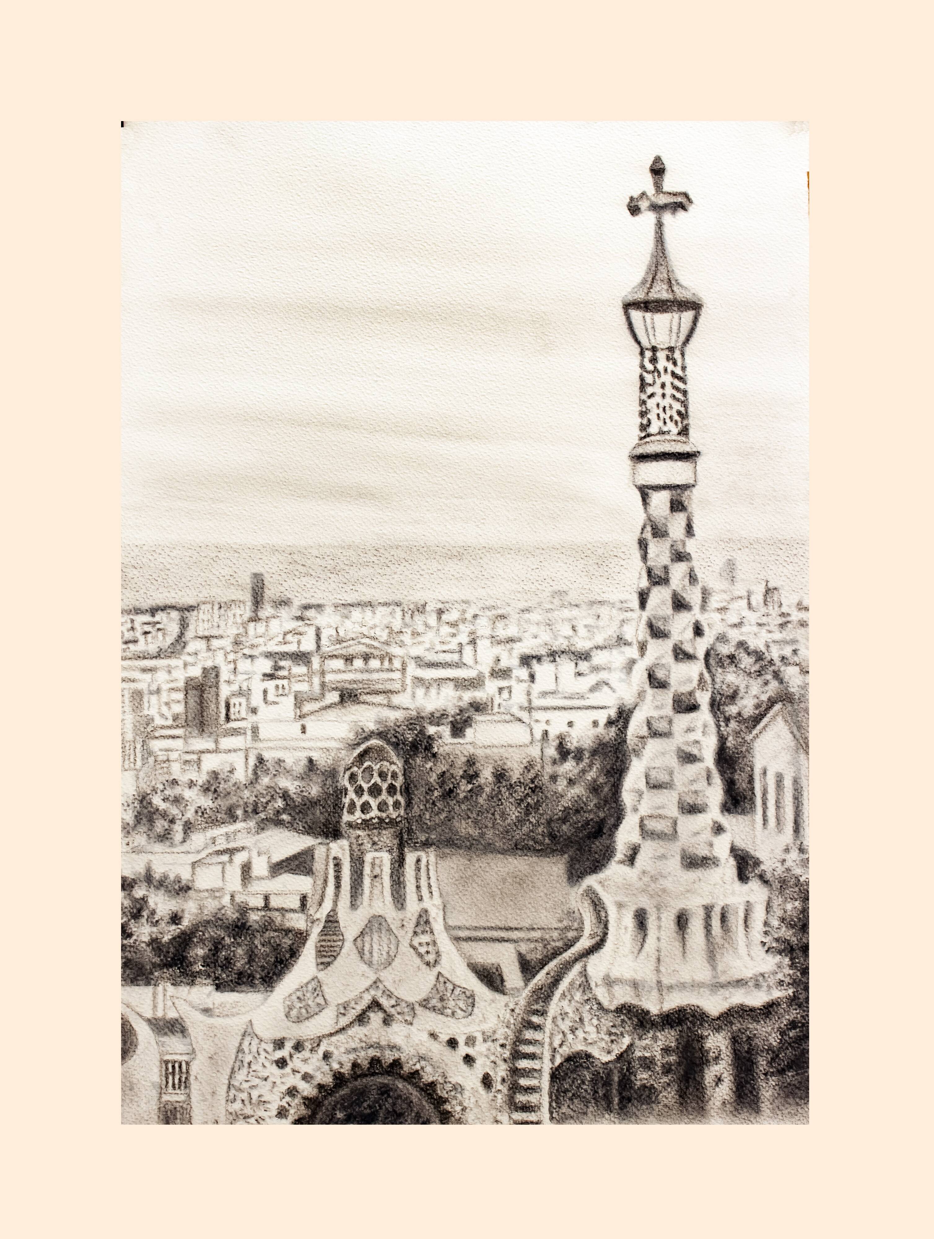 CHARCOAL DRAWING OF BARCELONA VIEW OF PARK GUELL. CITYSCAPE OF BARCELONA.