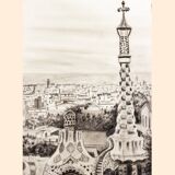 DESSIN AU FUSAIS DE BARCELONE VUE DU PARC GUELL. PAYSAGE URBAIN DE BARCELONE.