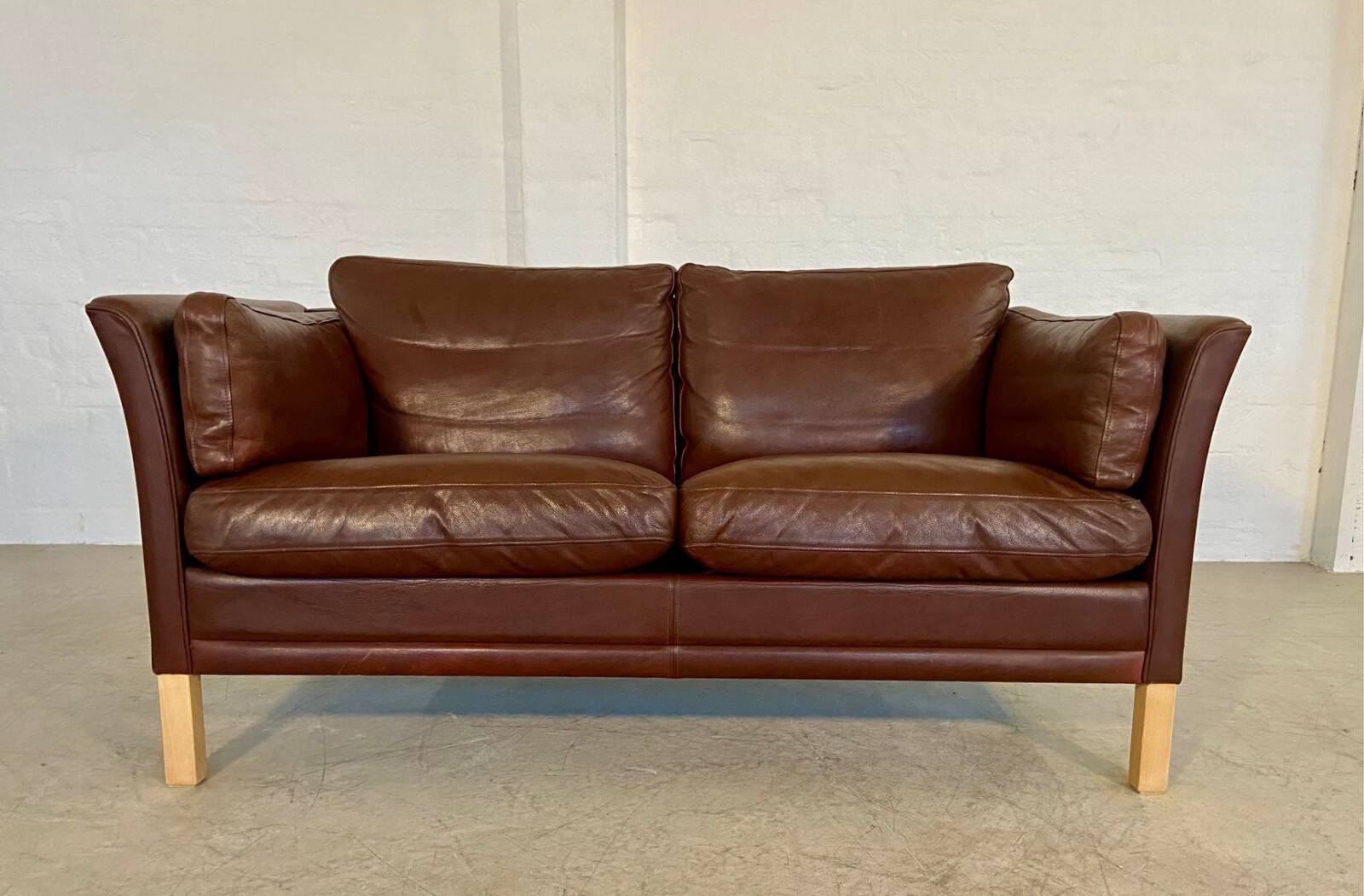Danish mid-century vintage Mogens Hansen 2 person cognac brown leather sofa 60s