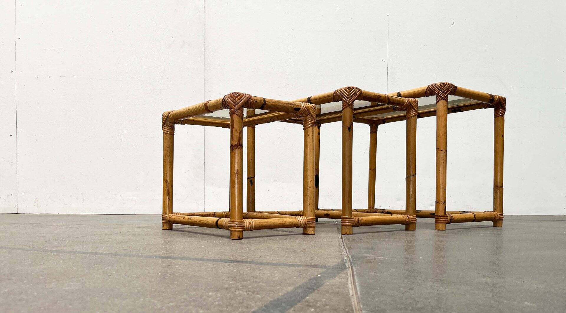 Nest of bamboo and glass tables in mid-century style, 1960s, set of 3.