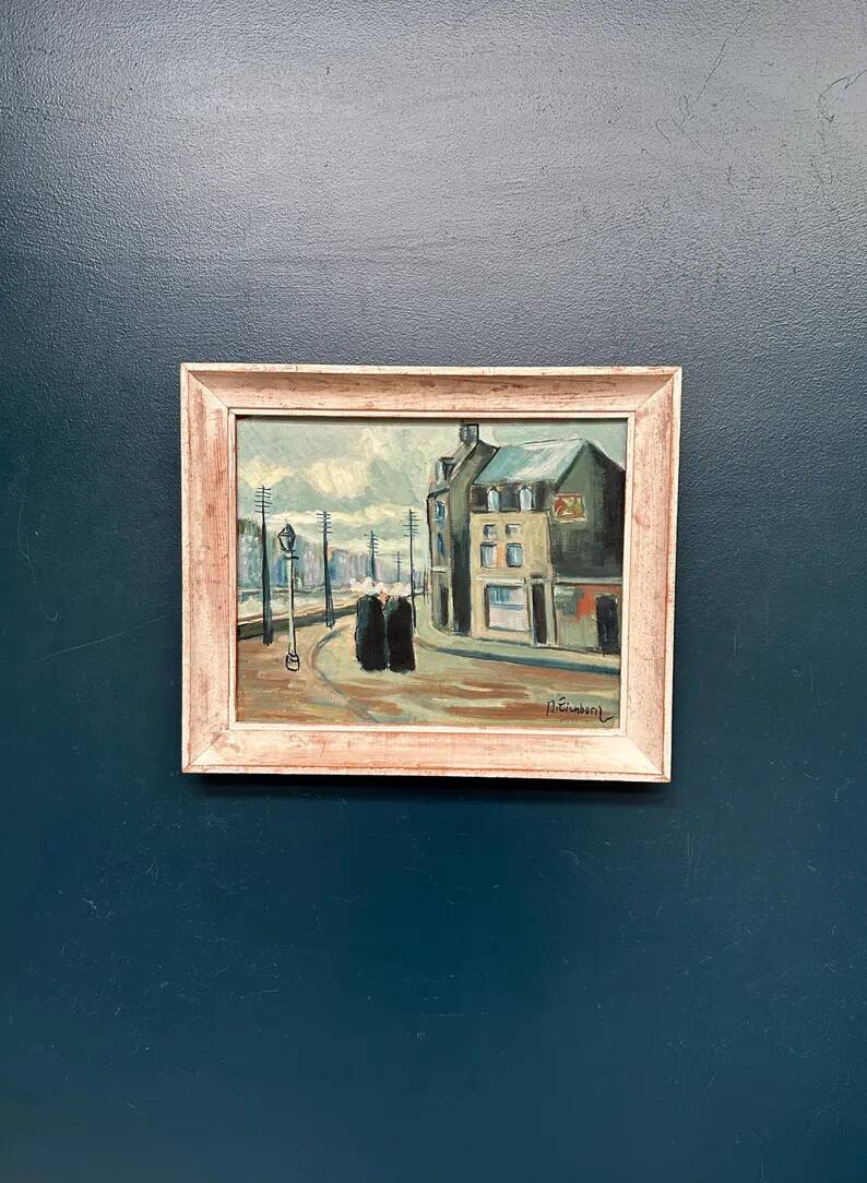 Original Swedish Oil on Panel – "Figures in the Street" by R. Eichburn – Signed – Dated 1936 – Framed – 47 × 39 cm (18.5" × 15.4")