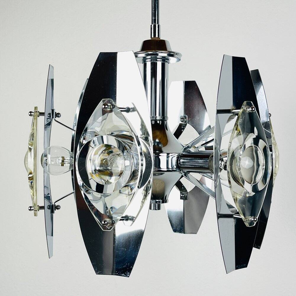 Chrome and glass lustre with lenses by Oscar Torlasco, Italy, 1960s.