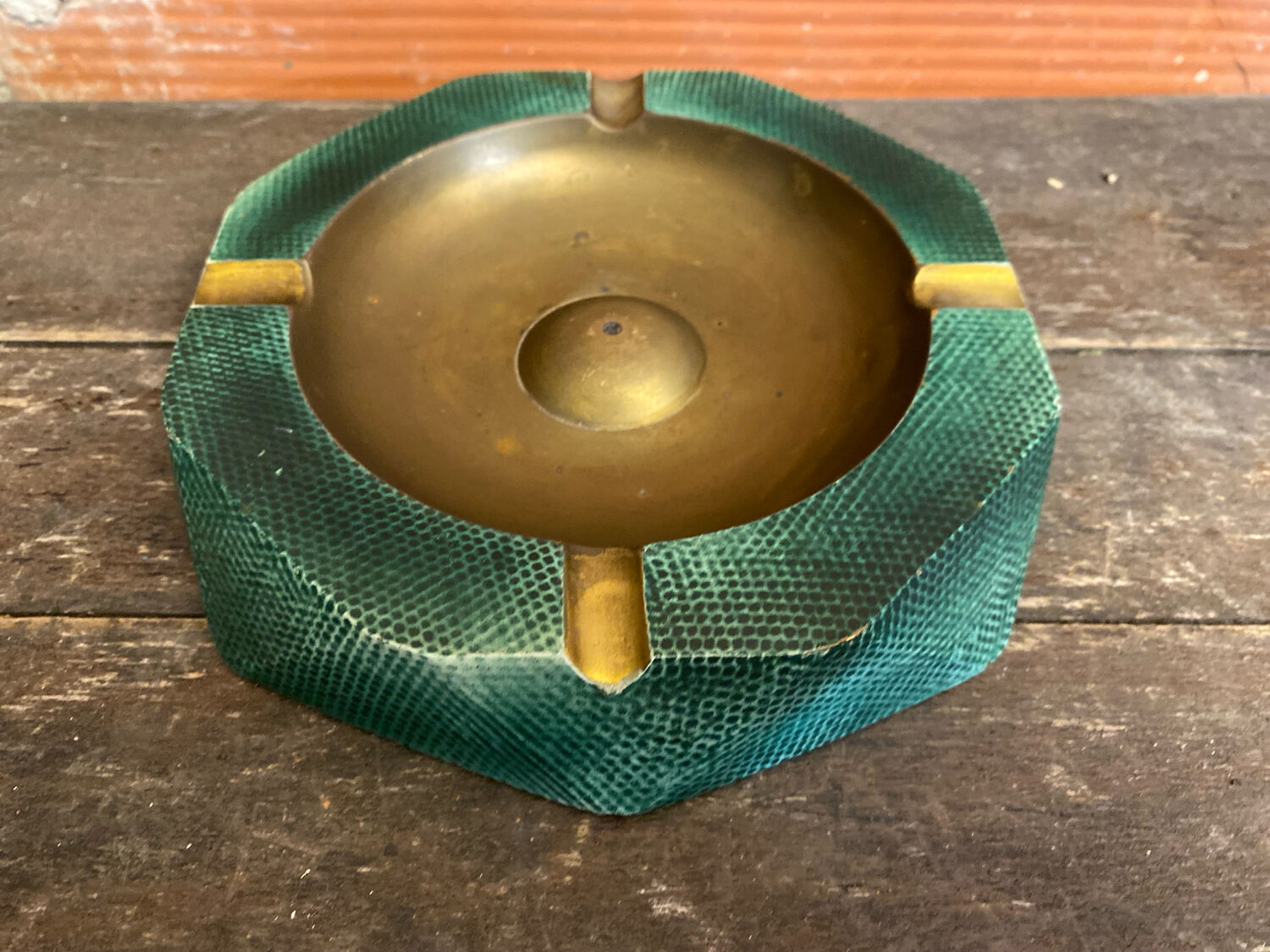 Vintage Green Metal Octagonal Ashtray + Brass