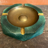 Vintage Green Metal Octagonal Ashtray + Brass