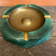 Vintage Green Metal Octagonal Ashtray + Brass