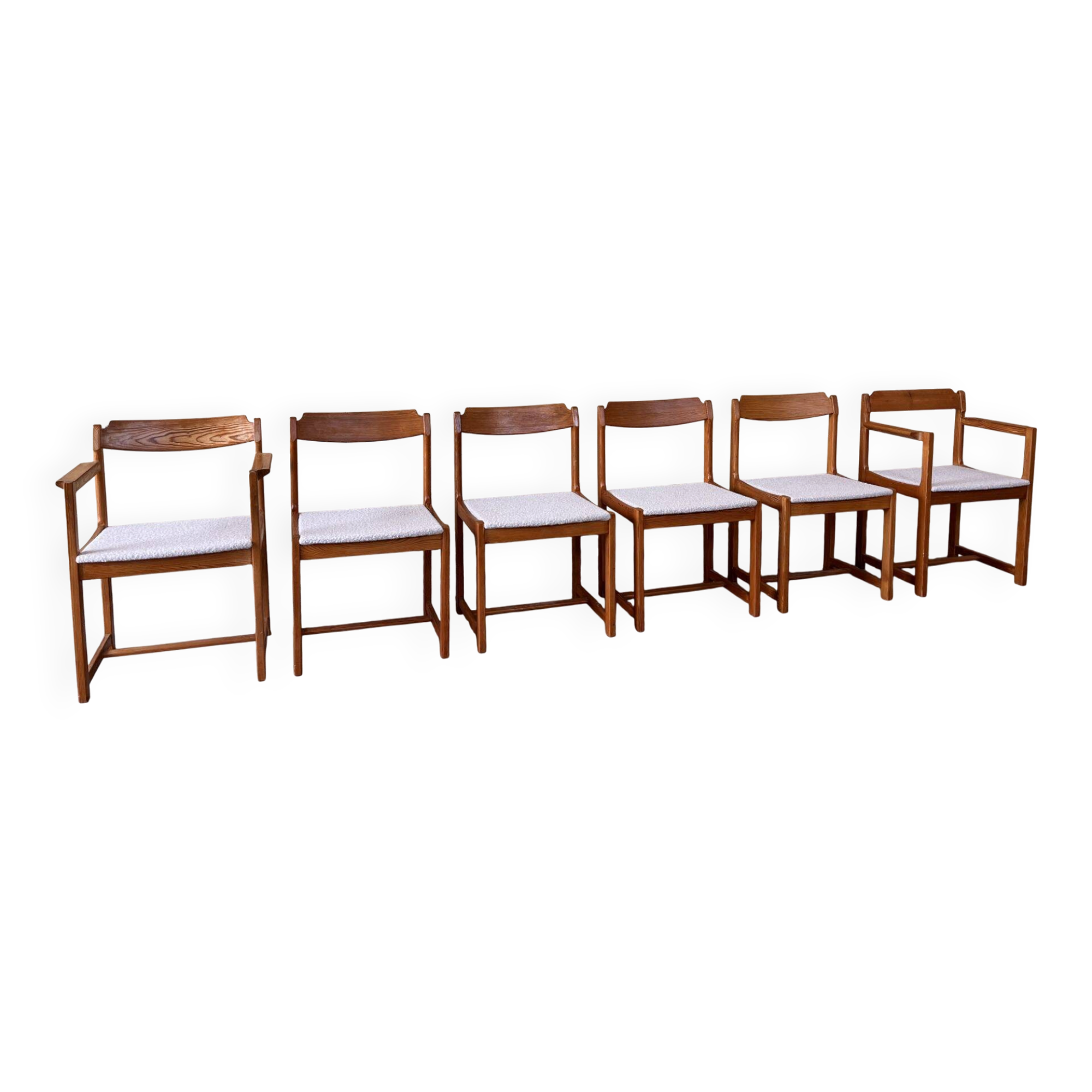 Set of six brutalist dining chairs in pine