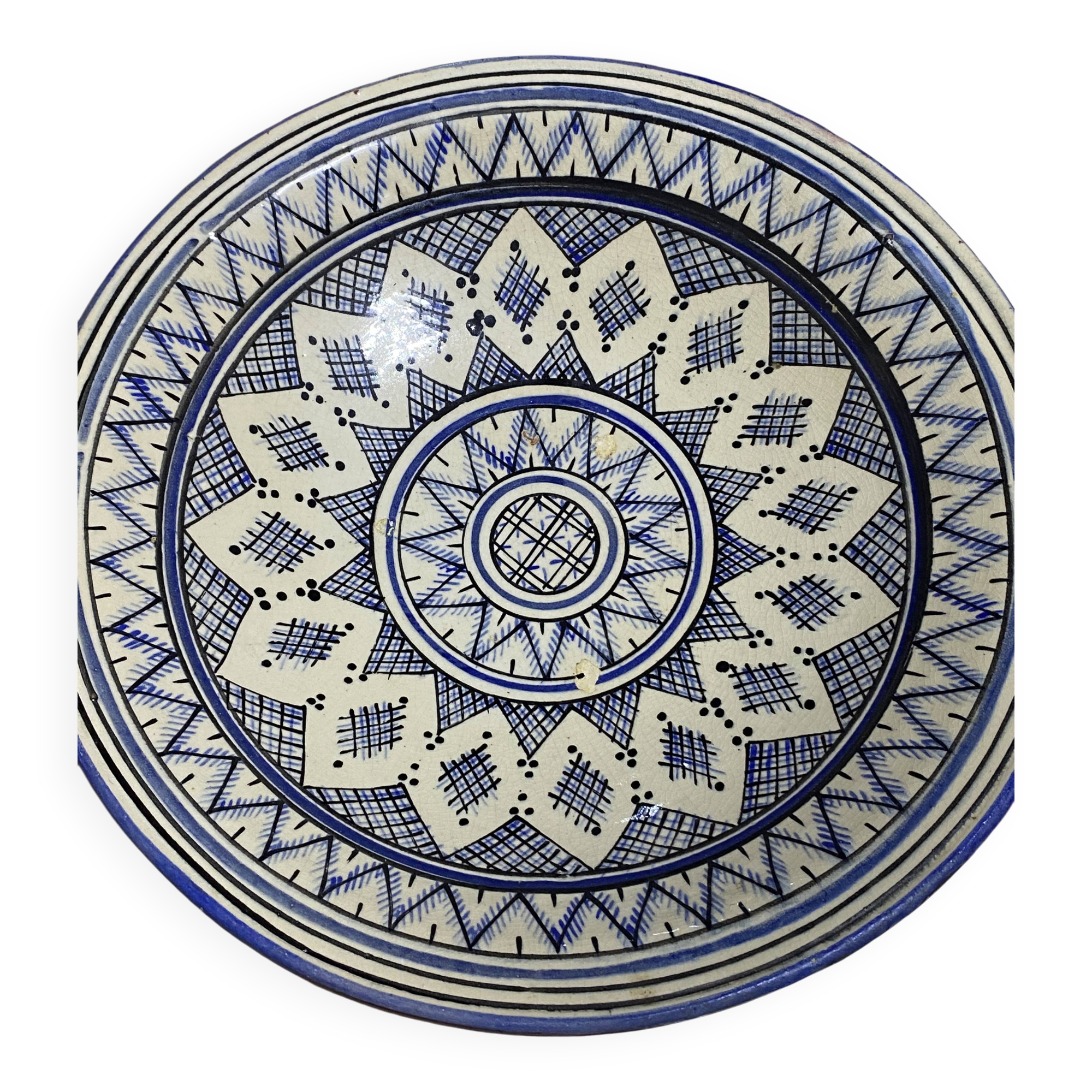 Moroccan dish in handcrafted sculpted ceramic, blue geometric patterns and