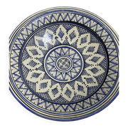 Moroccan dish in handcrafted sculpted ceramic, blue geometric patterns and