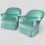 Paire de fauteuils crapaud velours vert d’eau 1970