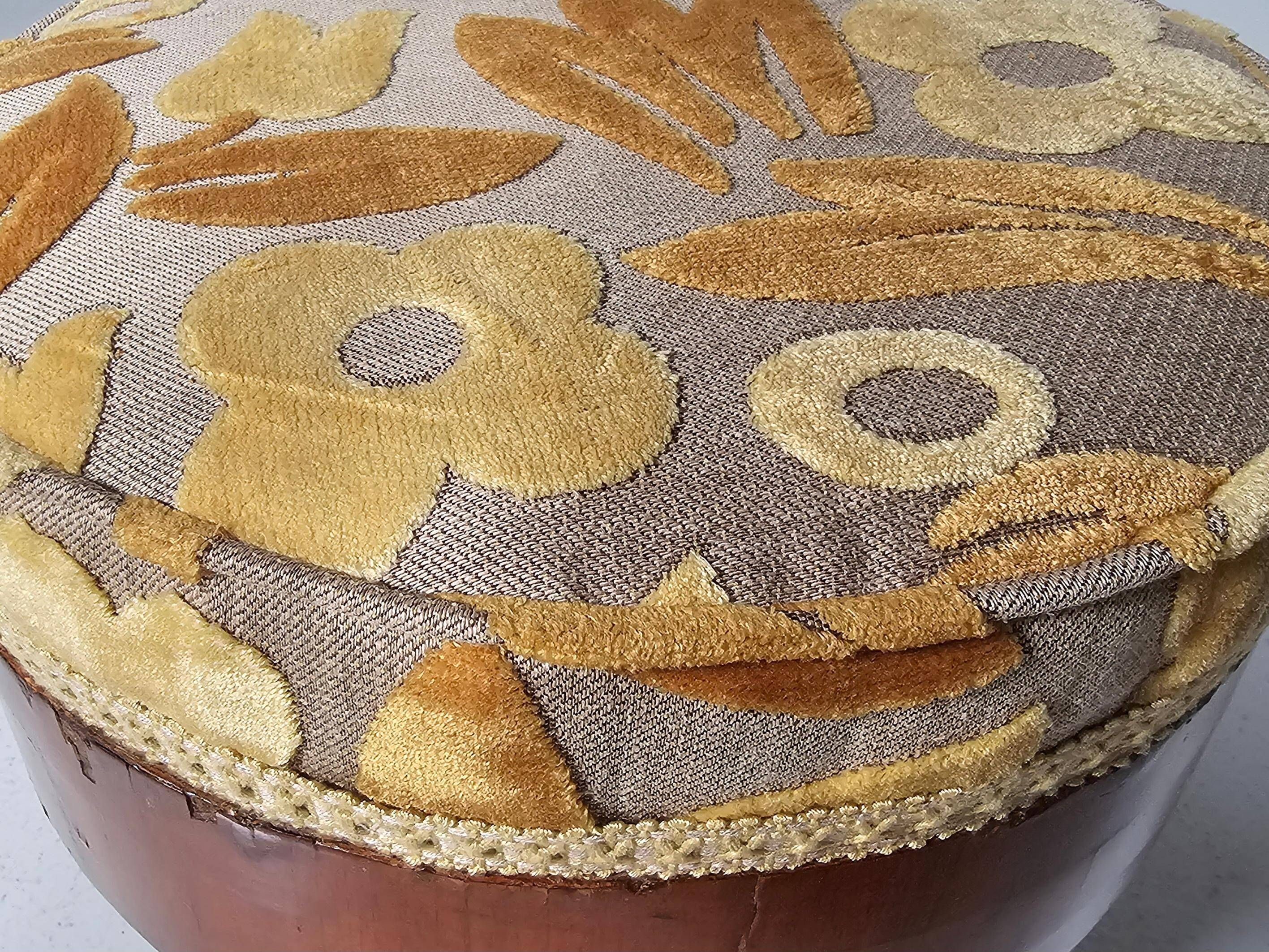 Art Deco stools in walnut and floral printed fabric, Italy.