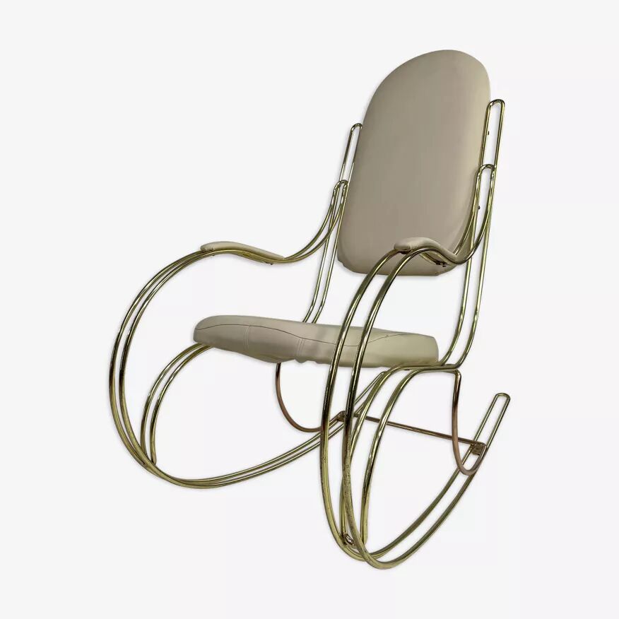 60s rocking chair in brass and ecru faux leather