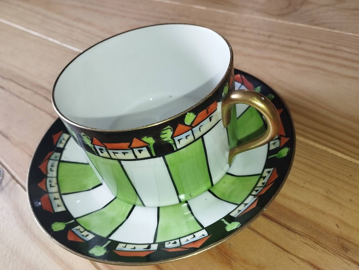 Antique cup and two saucers – Art Deco geometric design
