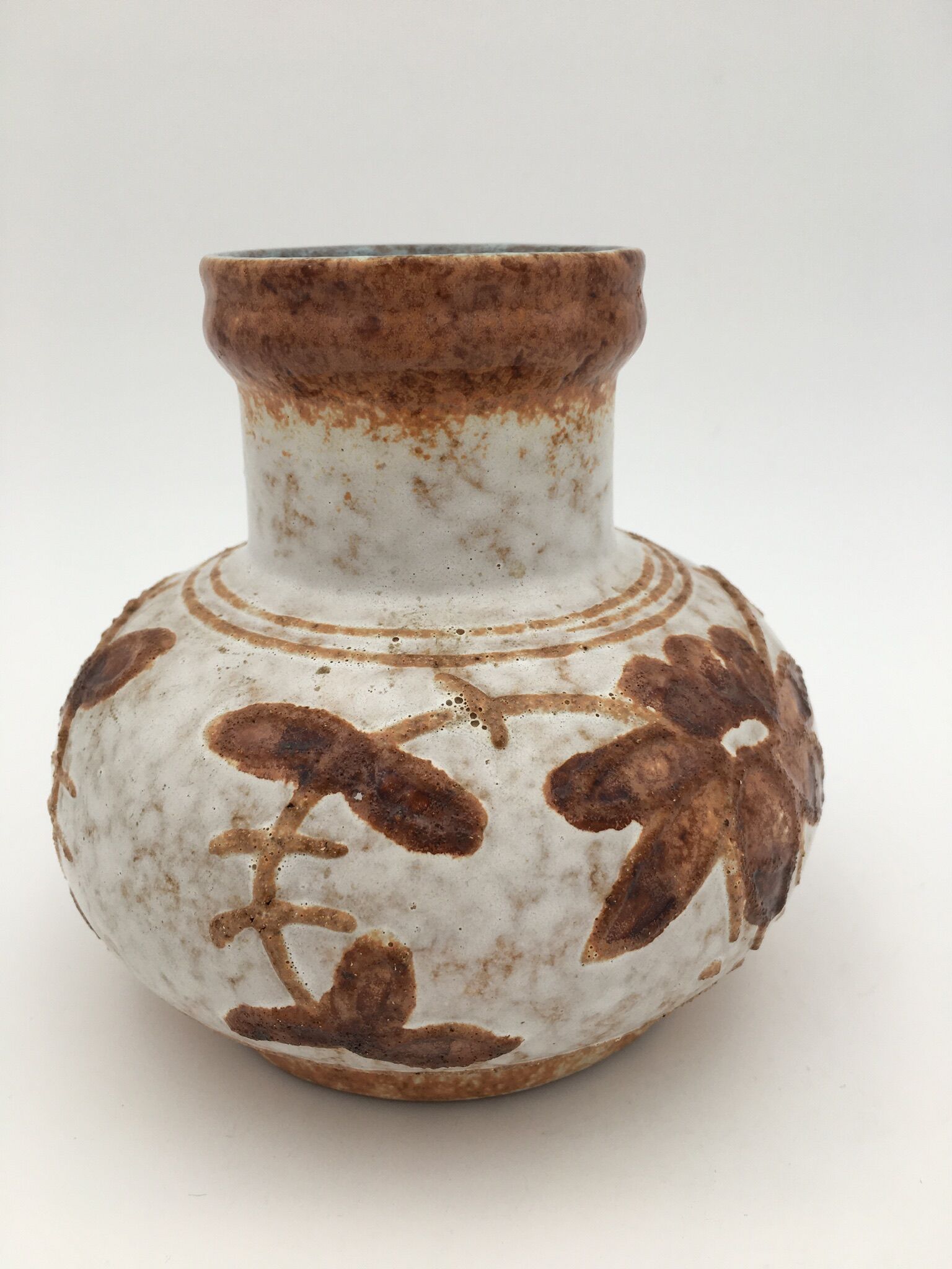 Vintage glazed ceramic vase, floral pattern, brown, beige - 1970s