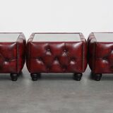 Set of 3 Red Leather Chesterfield Side/Coffee Tables with Glass Tops