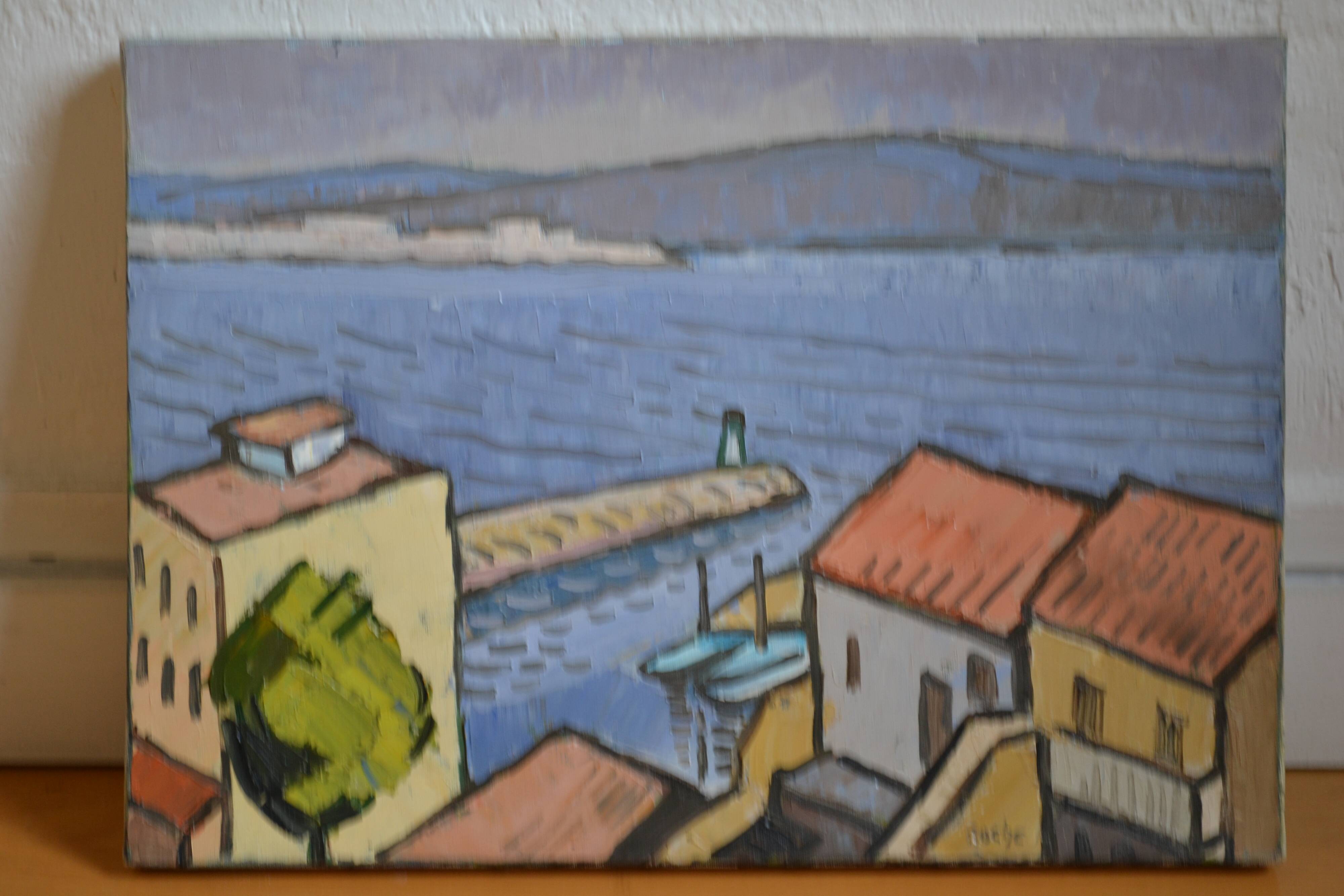 Marseille Corniche Valmer seaside landscape painting HST signed Roche