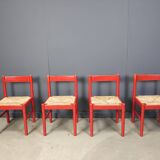 Chaises de salle à manger en laque rouge et osier, années 1970