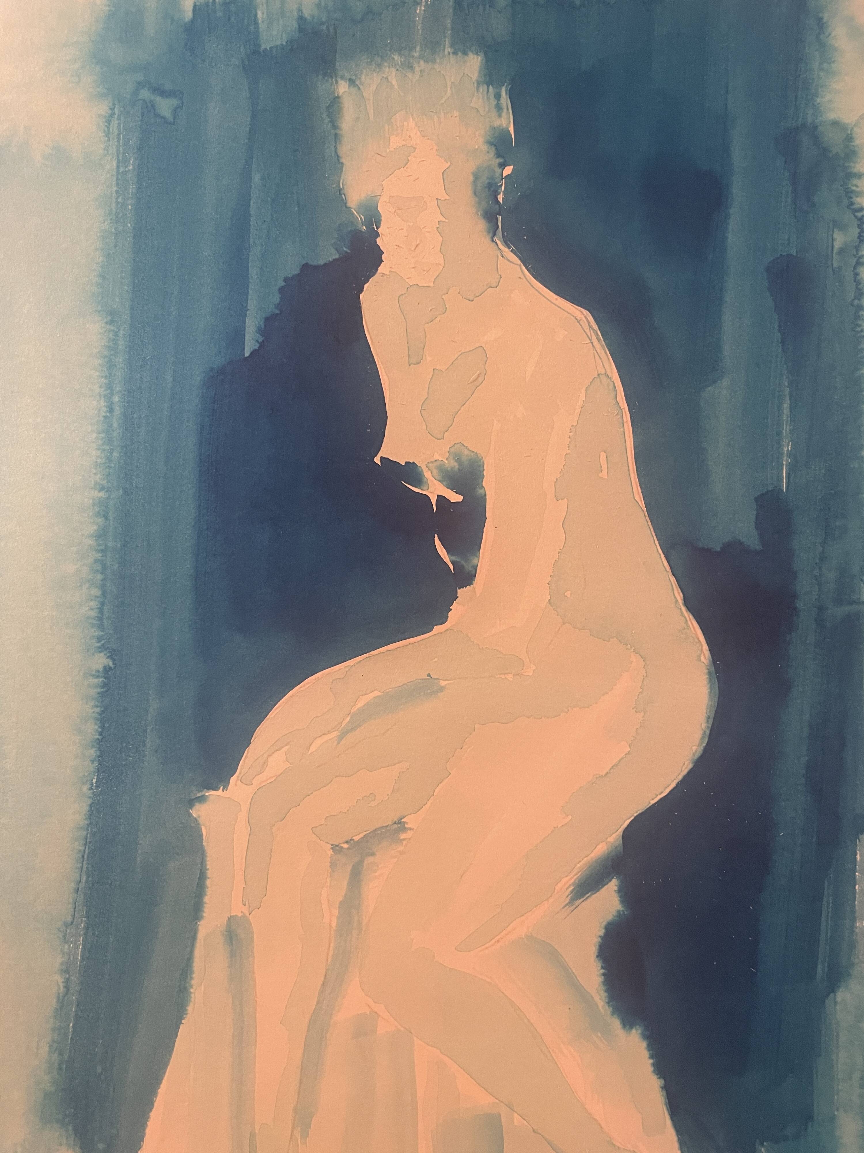 Monochrome blue watercolour tableau collection "blue lady" the pose, signed.