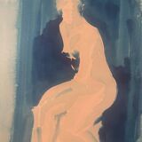 Monochrome blue watercolour tableau collection "blue lady" the pose, signed.