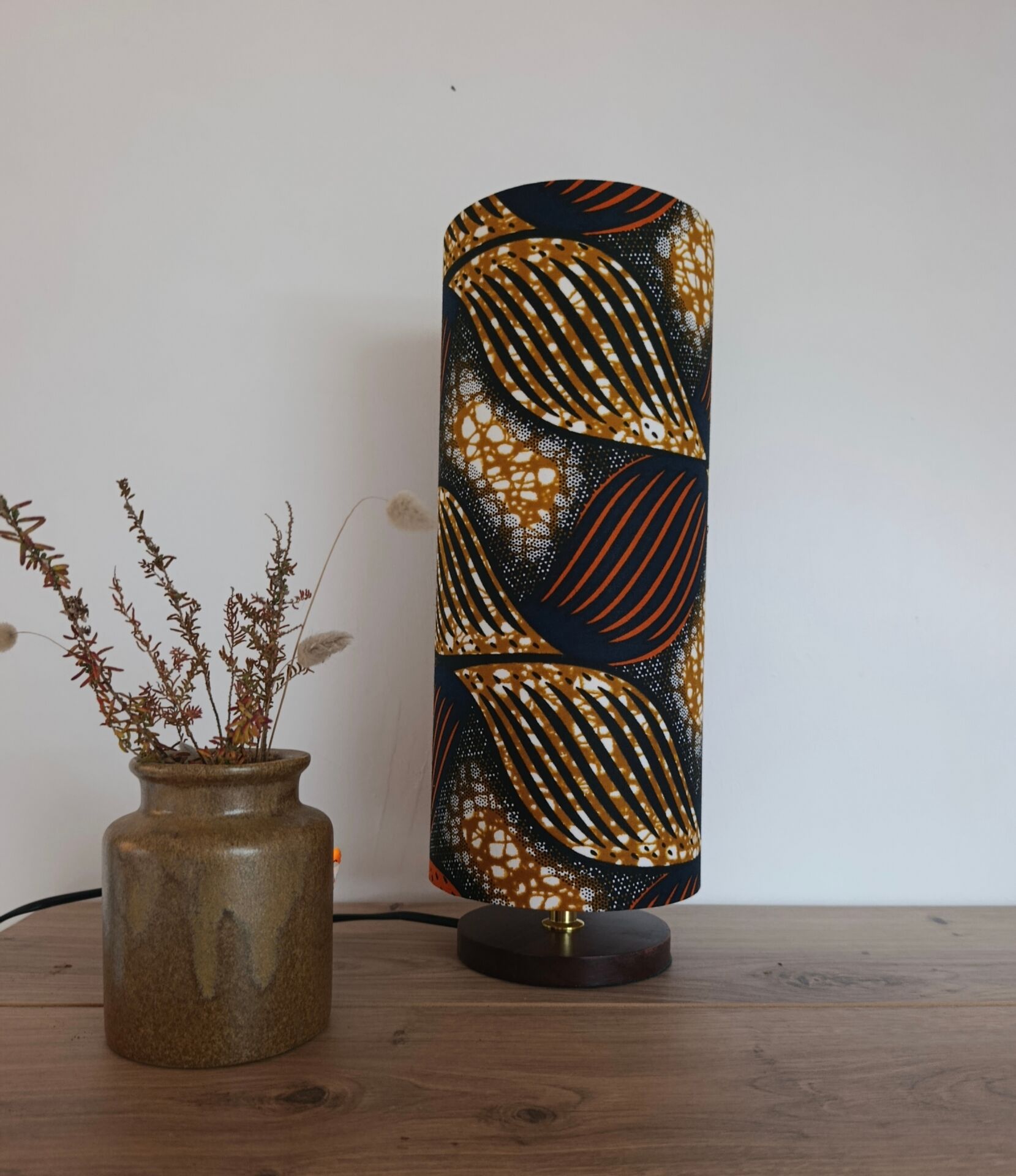 tube lamp wooden base | wax fabric boho-ethnic chic