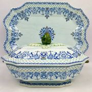 Gien, vegetable dish, soup tureen and its lid in fine earthenware, Rouen decoration.