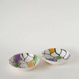 Pair of ceramic ramekins, abstract patterns in yellow, purple, and green, Pornic model, 1960.