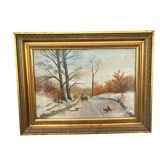 painting Winter landscape with cart and pheasants signed FH