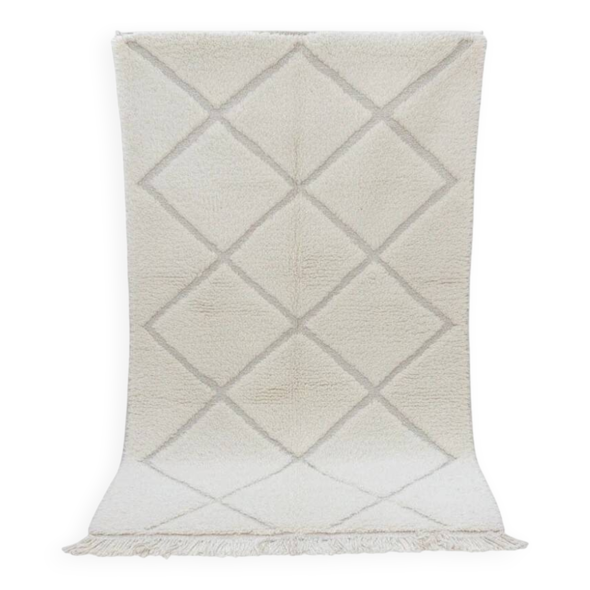 Small white Moroccan rug with diamond patterns