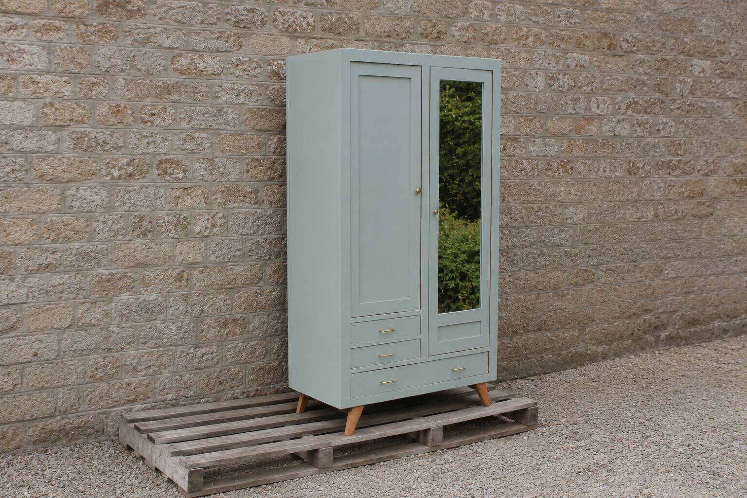 Vintage Parisian wardrobe in sage green – Mirror, hanging space and drawers