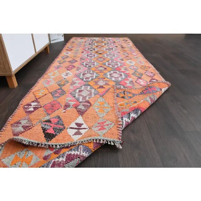Vintage Turkish Oushak handmade wool cotton orange runner rug 71x202