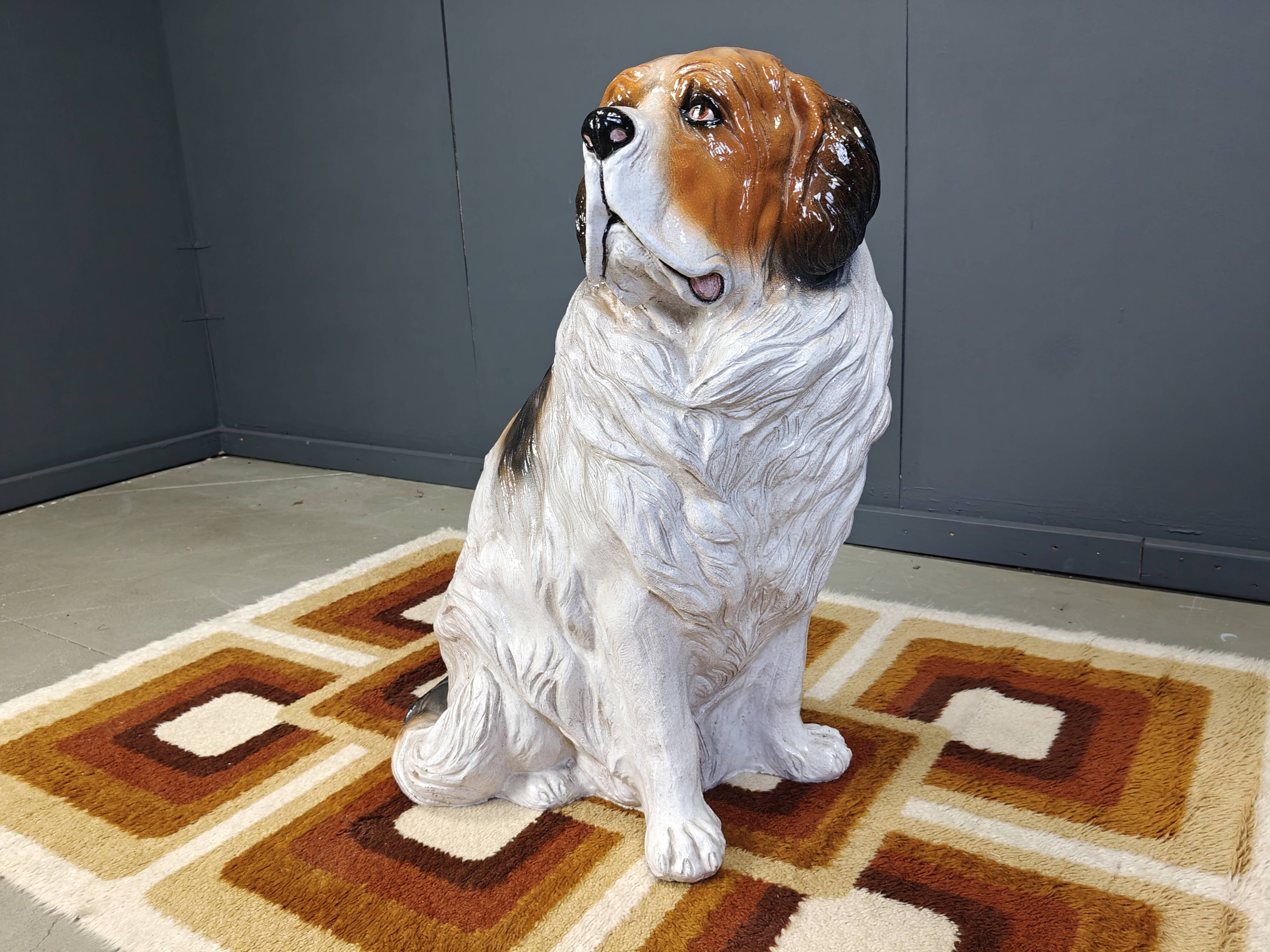 Life sized Vintage glazed terracotta St bernard dog sculpture, 1960s