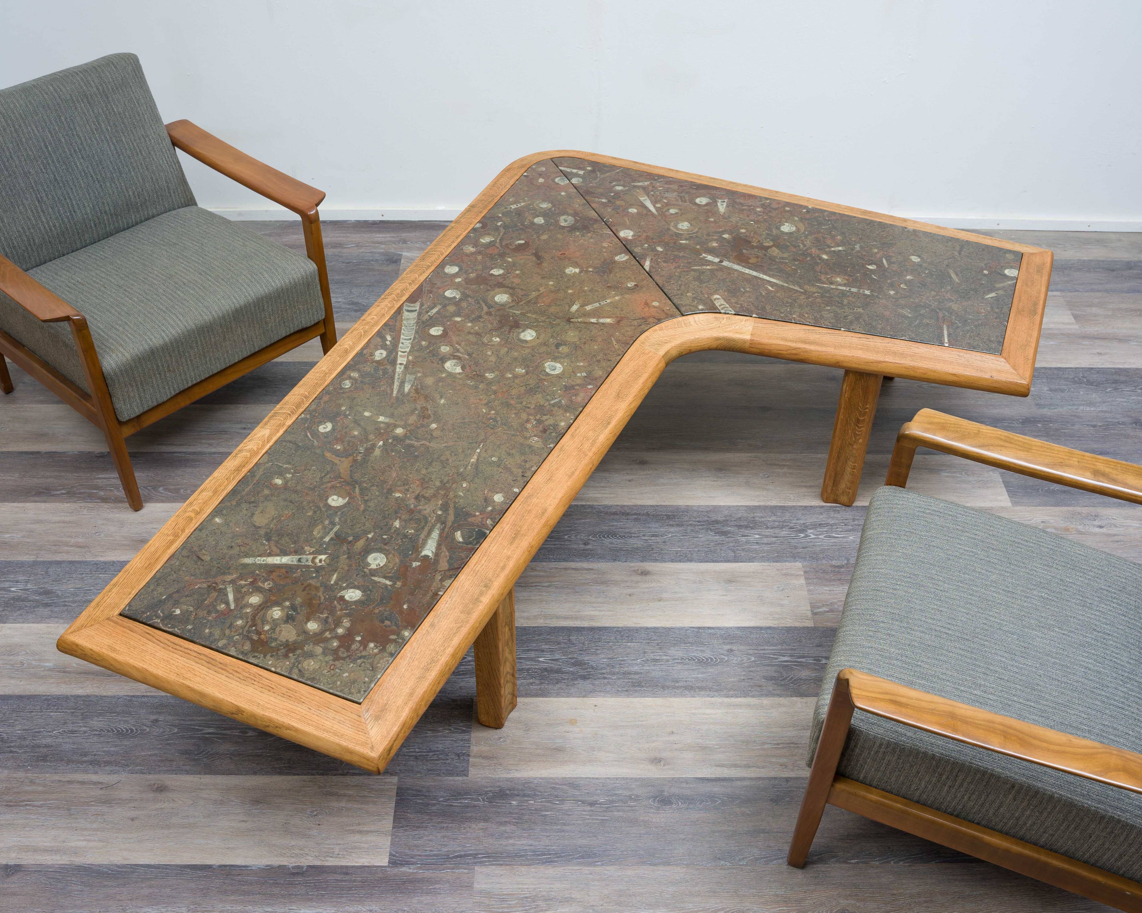 Boomerang coffee table, fossil marble, 70s