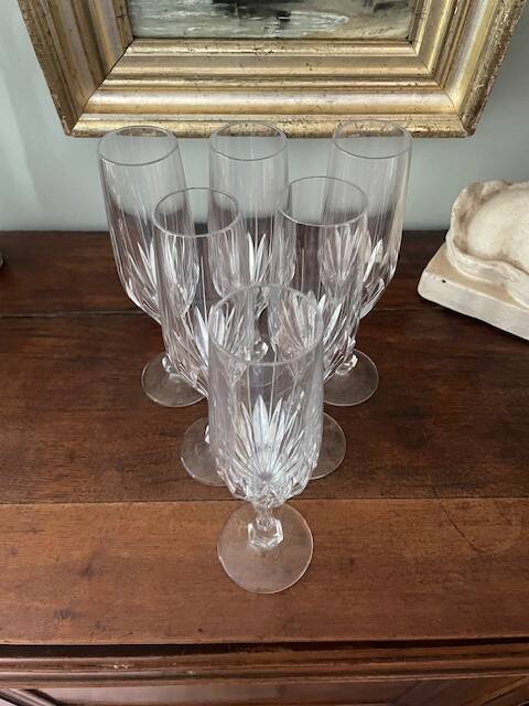 6 antique cut and engraved crystal champagne flutes