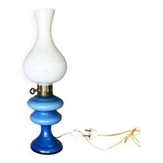Blue opaline glass lamp in style of oil lamps