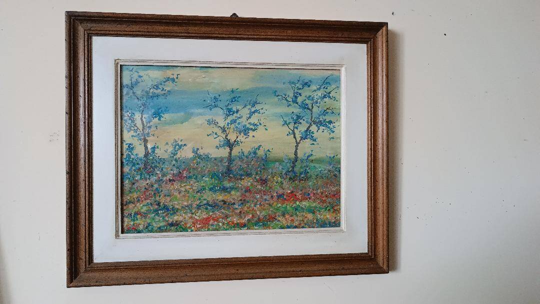 Peinture à l'huile sur panneau paysage campagne prairie fleurie signée