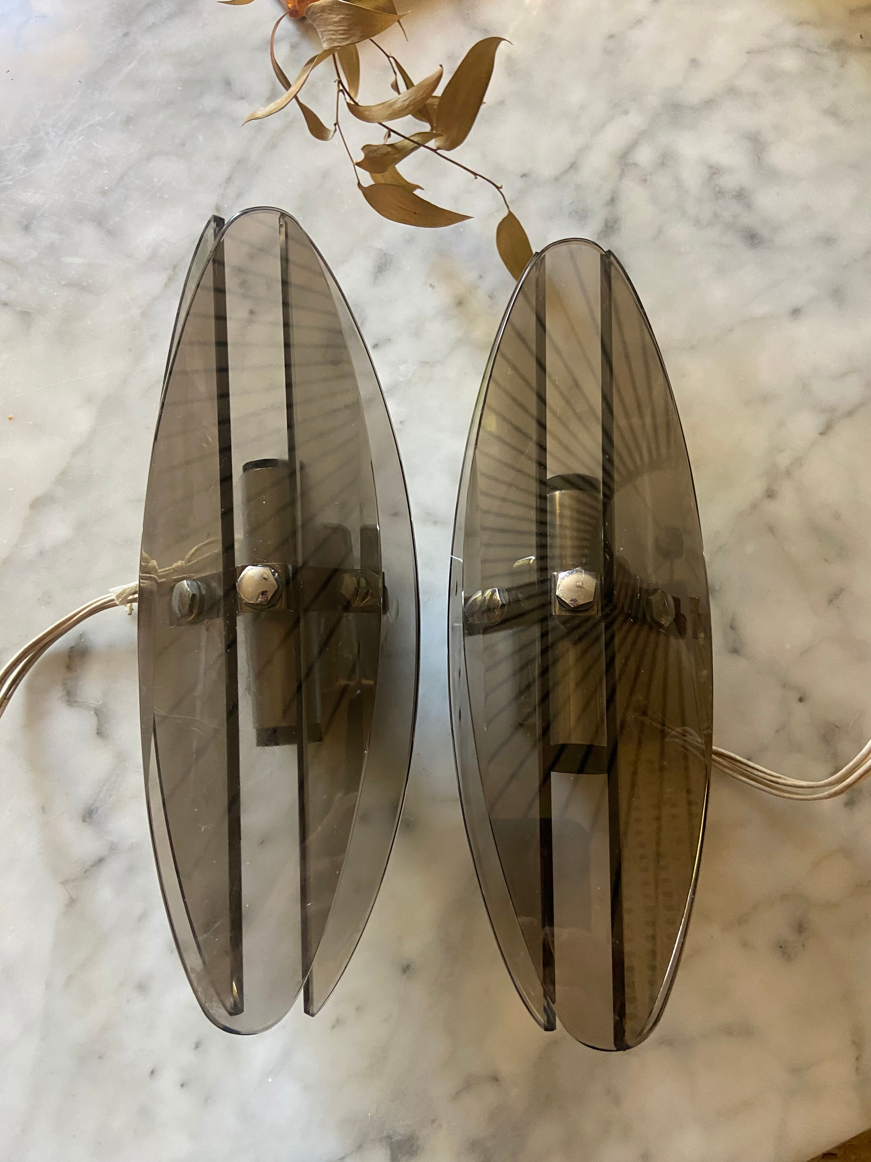 Pair of 70s smoked glass wall lamps