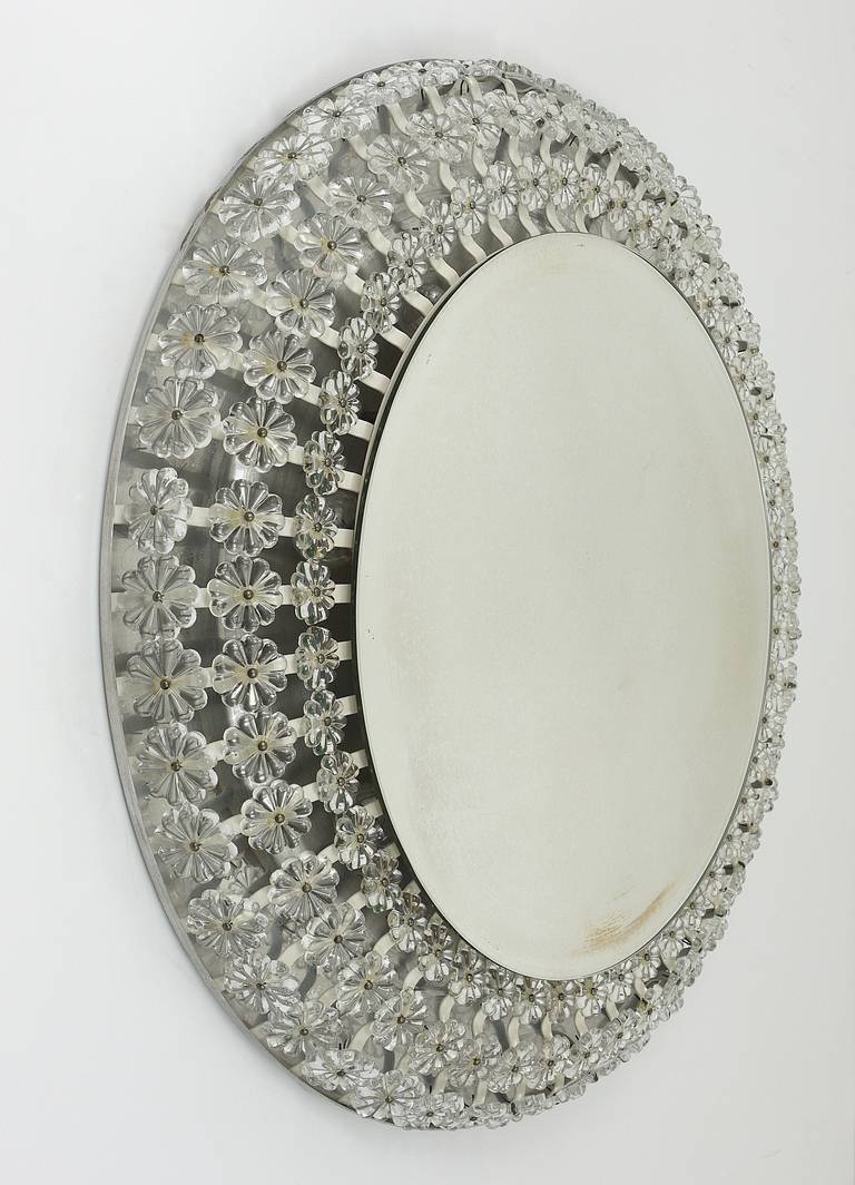 Large round wall mirror with glass flowers by Emil Stejnar, backlit by Nikoll, Austria.
