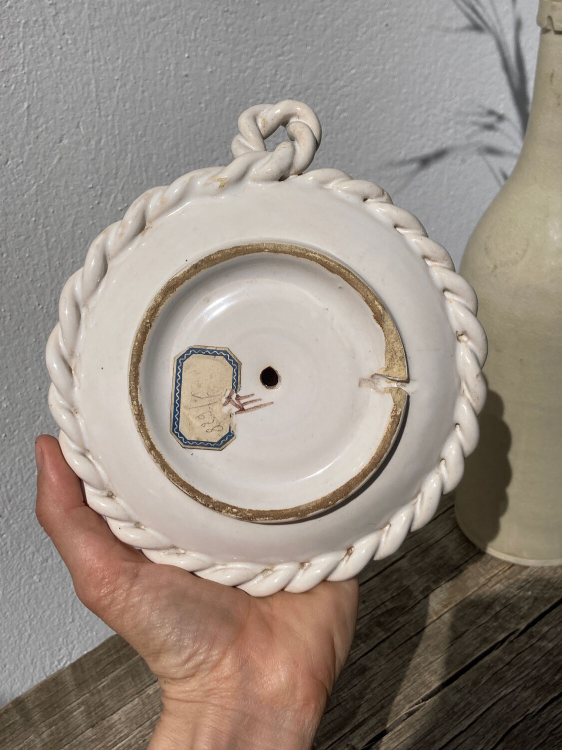 White ceramic candle holder twisted antique rope