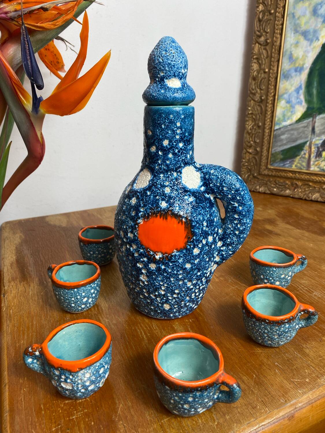 Liqueur service, ceramic, sea foam, Vallauris